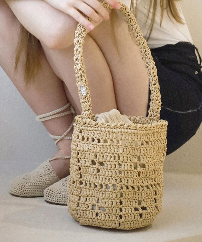 Slowslowly Lily Raffia Handmade Crochet Bucket Bag _ Natural Beige