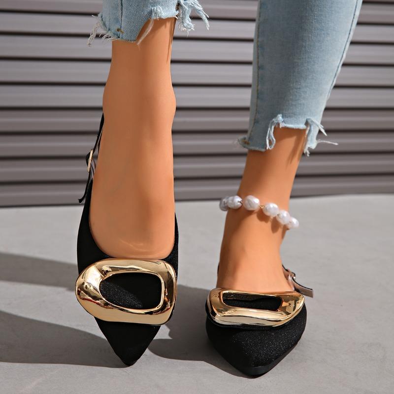 Metal Buckle Wrapped Toe Sandals Summer Pointed Toe Shallow Mouth One Strap Soft Sole Non-Slip Low Heel Shoes
