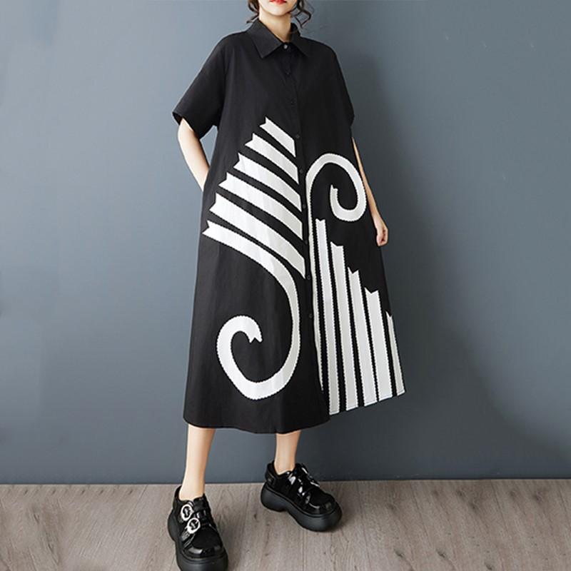

short sleeve Plus size cotton vintage new in dresses for women casual loose long summer Shirt dress чёрный
