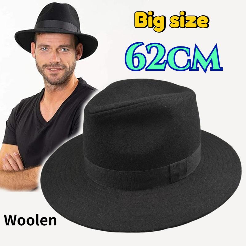 Autumn Winter Big Size Woolen Fedoras Gentleman Big Head Formal Hat Large Size Jazz Wide Brim Panama Felt Top Hat 58cm 60cm 62cm