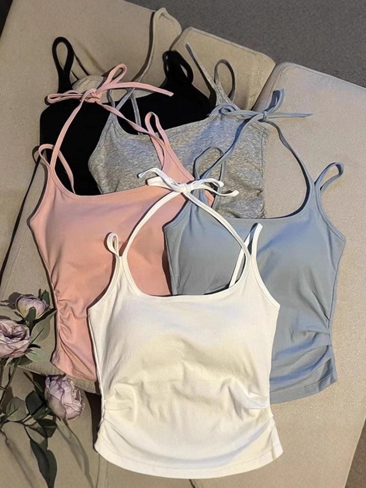 Women's Ruched Halter Neck Camisole with Built-in Bra - Versatile Summer Top for Girls