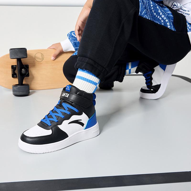 Anta Trendy Versatile Lightweight Shock Absorbing High Top Kids Skate Shoes Kids Sneaker White Black Blue A33038015J-1