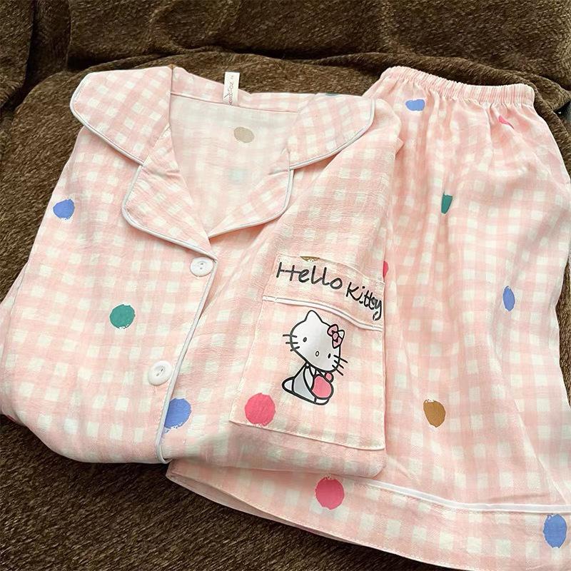 

Pink plaid Hello Kitty girl pajamas summer short-sleeved shorts cardigan set can be worn outside princess style loungewear S