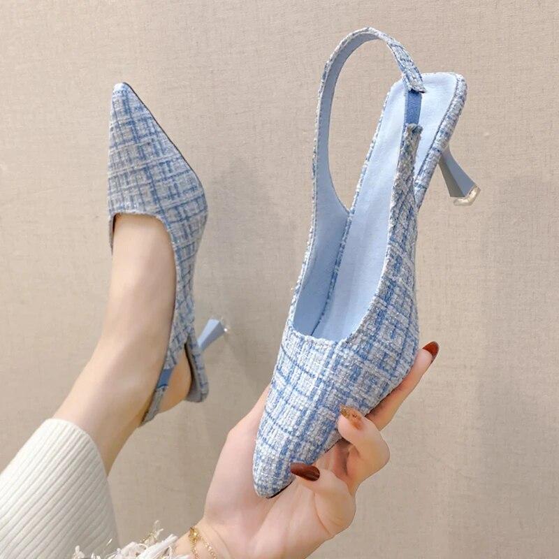 Summer French Style Small Fragrance High-heeled Bag Toe Back Empty Sandals Women's Stiletto Pointed Large Size Single Shoes
