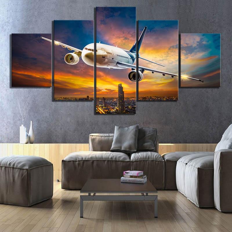 

Современные 5 шт. постер с самолетом, холст, картина, пейзаж, закат, подсветка, газон, настенные художественные фотографии для декора гостиной, без рамки 20x35cm*2 20x45cm*2 20x55cm*1