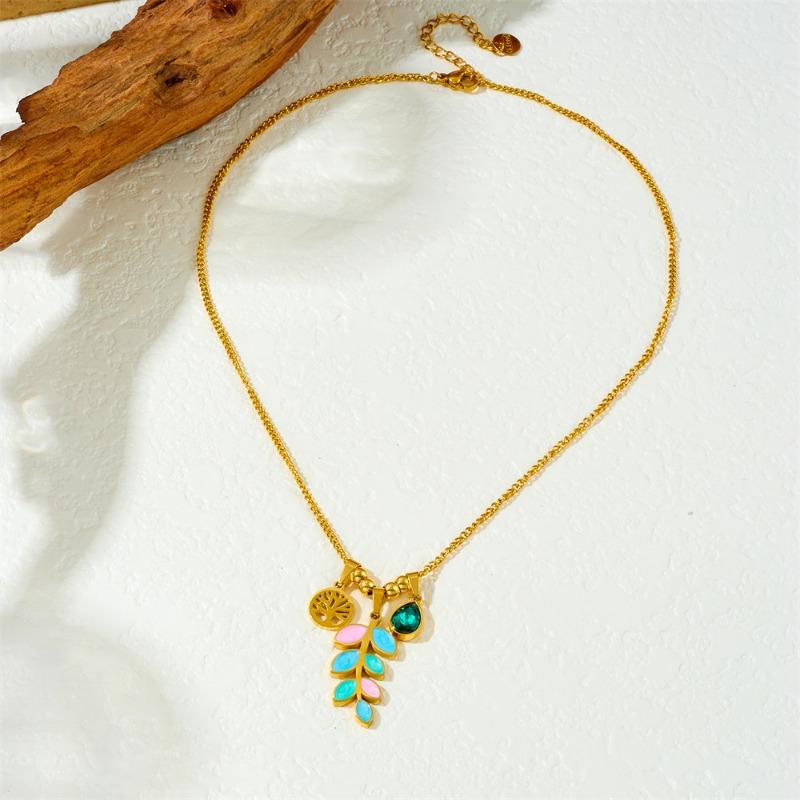 

Gold Life of Tree Necklace with Enamel Leaf and Crystal Charm золотий