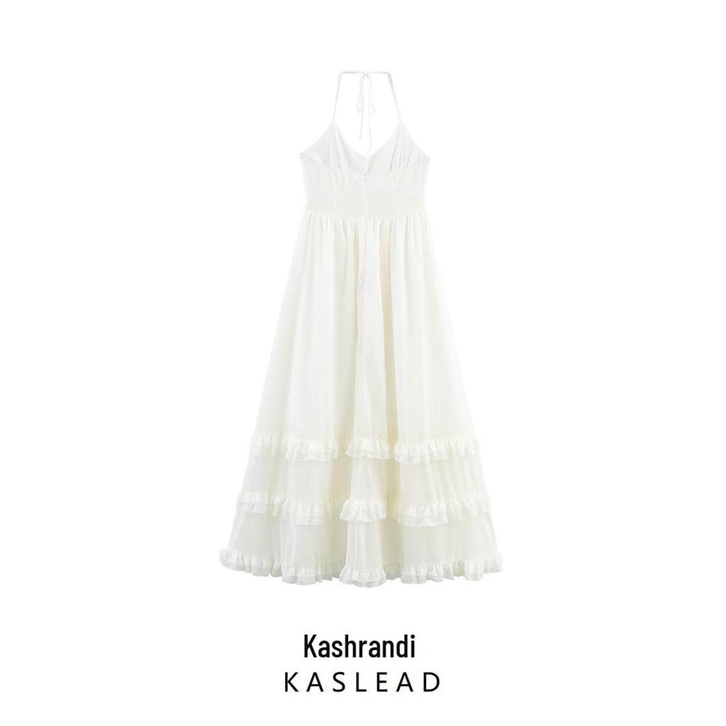 2025 Summer Women's European & American Lace-up Halter Backless Ruffle Long Dress