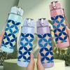 1PC Blue Geometric Tile Pattern 750ml Color Plastic Sports Water Bottle Leakproof Flip Straw Lid Suitable for Sports Office Home Use