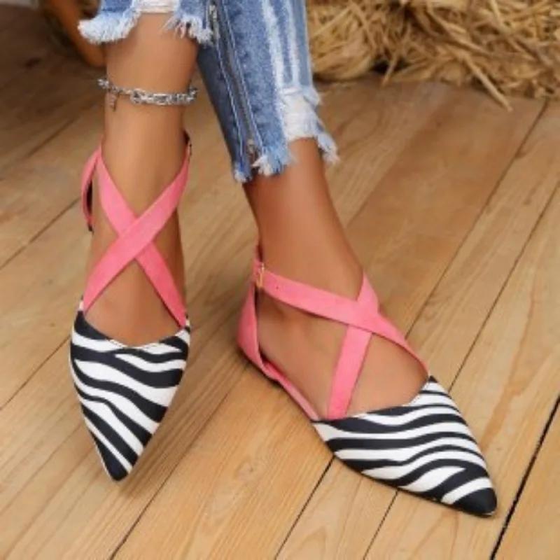 2024 Women's Fashion Pointed Toe Shallow Mouth Zebra Hollow Sandals Breathable Comfort Flat Shoes Zapatos De Mujer Sneaker Woman