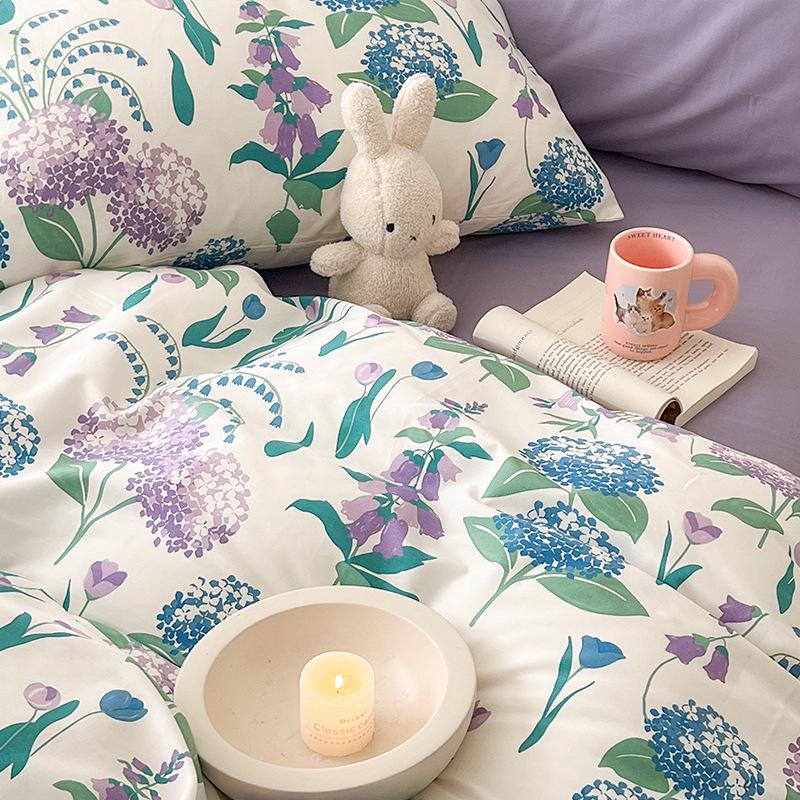 Pastoral Purple Floral Cotton Duvet Cover Set - 4 Pieces, 150x200 cm
