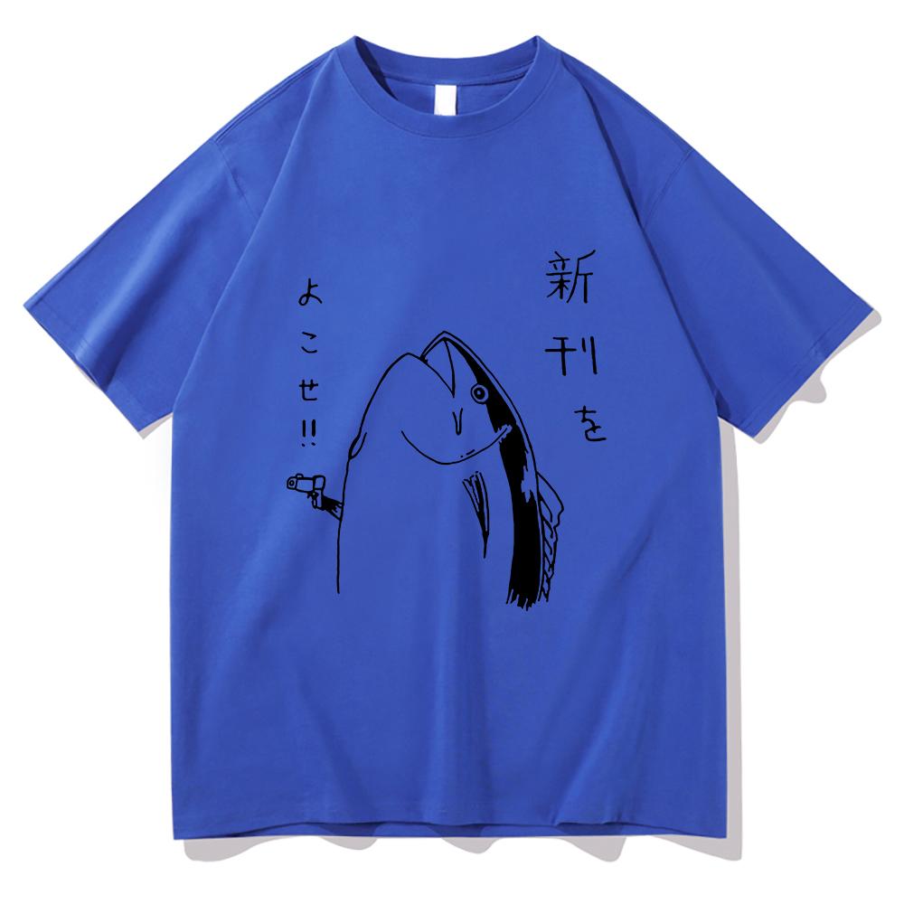 Harajuku Style Lovely Autumn All-purpose Top Fun Japanese Fish and Gun Design T-shirt Couples Unisex Cotton Design T-shirt