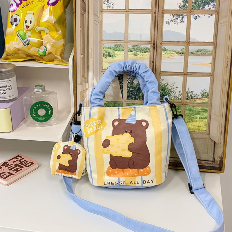 Cute Cartoon Water Bucket Bag With Little Bear Rabbit Print Designl For Casual Daily Use Style A