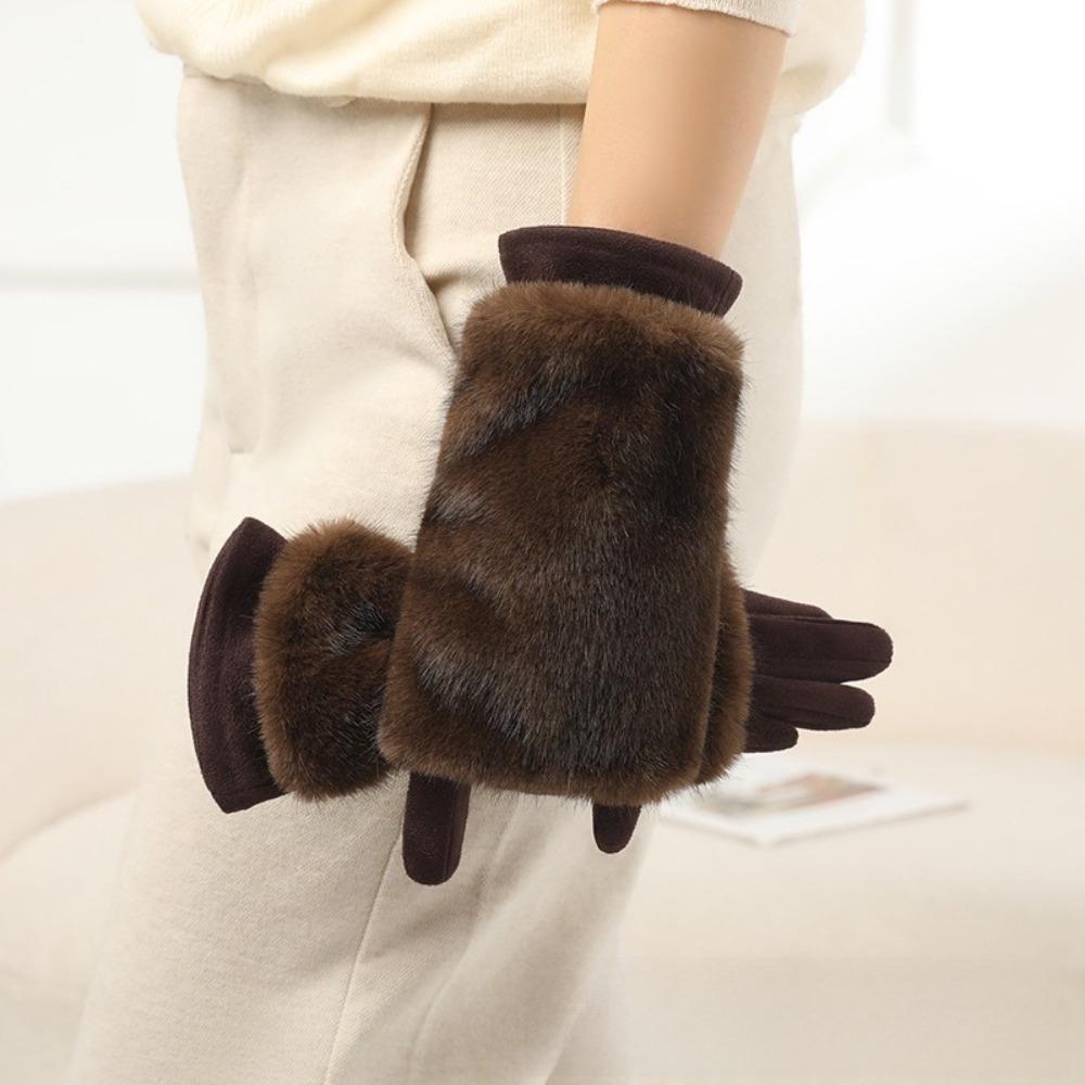 Solid Color Women Winter Gloves Rabbit Faux Fur Thermal Mittens Fashion Suede Gloves Girl