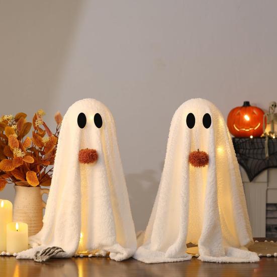 Halloween Lighted White Ghost Spooky LED Light-Up Velvet Cloth Ghost with Pumpkin for Holiday Home Kitchen Fireplace Tabletop Decor
