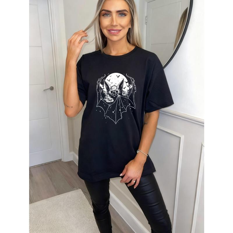 Übergroßes T-Shirt Schwarz Fledermaus- und Mond-Print für Halloween-Party und Freizeitkleidung