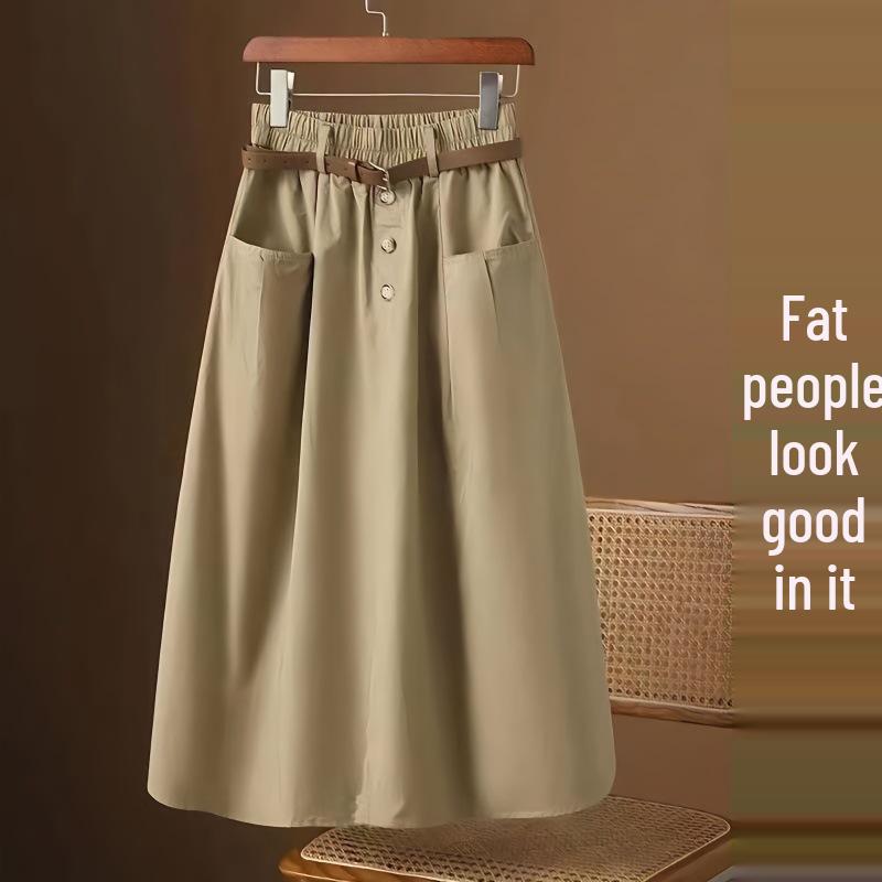 2024 Women's Elastic High Waist A-line Midi Skirt - Versatile Three-Button Casual Fashion