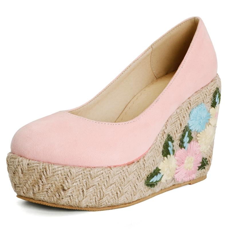 

Модні туфлі на танкетці на високих підборах для жінок Туфлі-човники Платформа з вишивкою Круглий носок Жіночі туфлі на підборах В’язане весільне взуття Великий розмір 45 39 рожевий