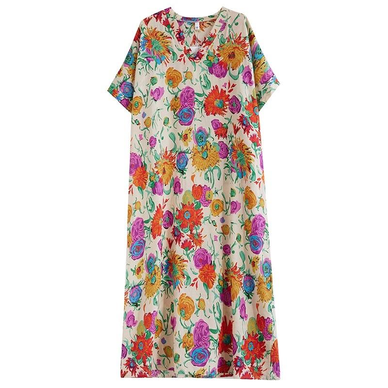 

Новые женские платья с коротким рукавом больших размеров в винтажном стиле с цветочным принтом, повседневное свободное длинное летнее платье макси