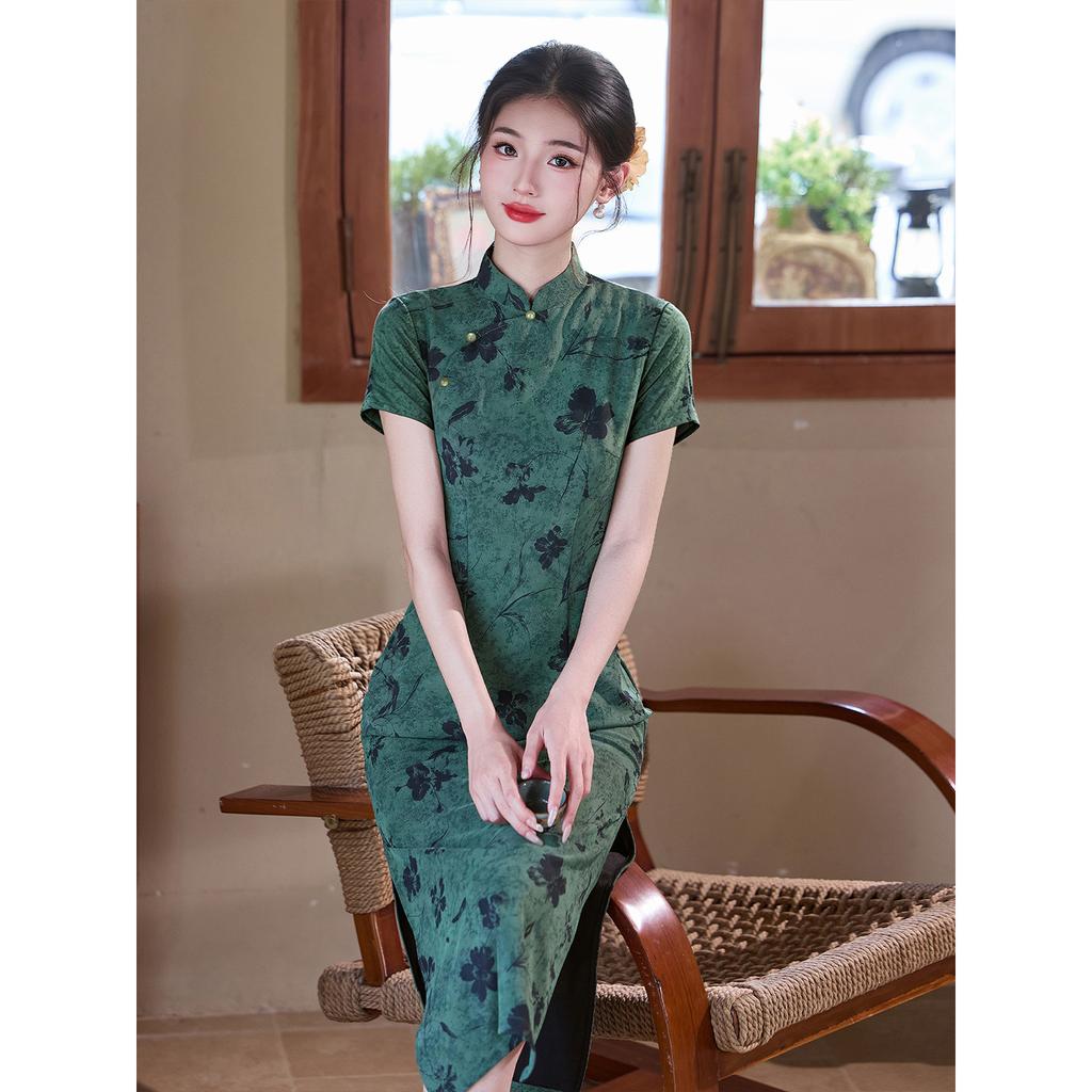 Retro national style daily summer new Chinese style slim fit high elegance 1011 new daily wear green cheongsam