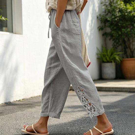 Women Pants, Drawstring Adjustable Waistband High Waist Summer Pants, Pure Color Loose Fit Casual Trousers for Travel Work School Daily Wear