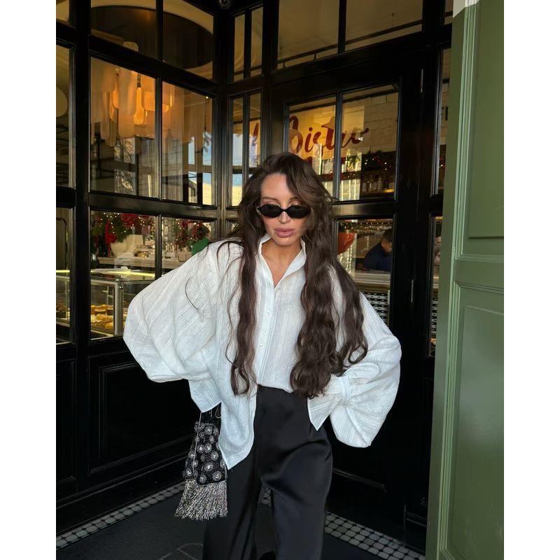 

European and American New Fashion Loose Lapel Bell Sleeve Shirts Top Loose Flared Sleeve Shirt White L
