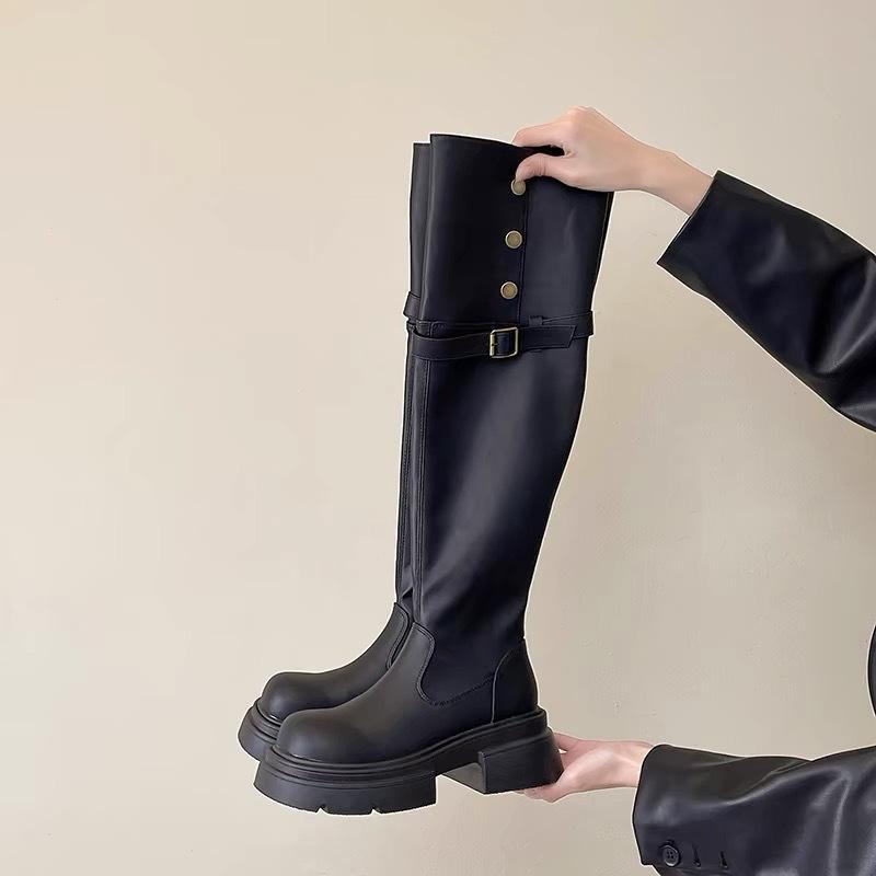 

Thick-soled heightening buckle boots women s 2025 autumn and winter new fashionable versatile and thin thick-heeled knight over-the-knee boots 39 чорний