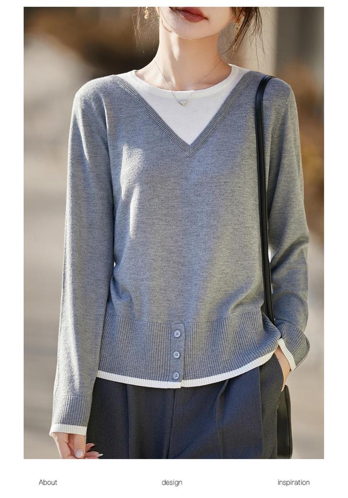Color-Block V-Neck Knit Top for Women - Stylish Two-Piece Design for Spring and Autumn