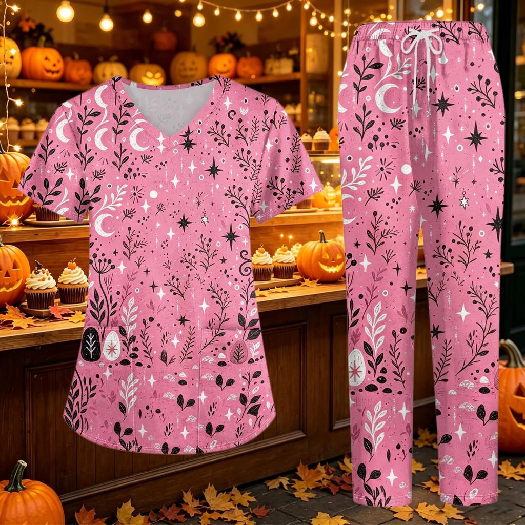 Women's V-Neck Short Sleeve Scrub Set with Pockets, Botanical Print Two-Piece for Caregivers
