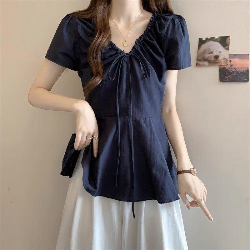 Women s White V-Neck Drawstring Puff Sleeve Peplum Hem Casual Blouse S темно-синий