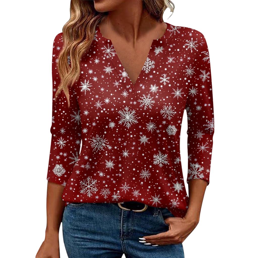 Women's Casual Fashionable Sexy Comfortable V-Neck Christmas Three-Quarter Sleeve Top