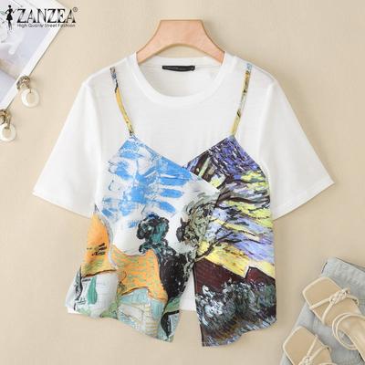 Women Casual Round Neck Loose Short Sleeve Patchwork T-Shirts