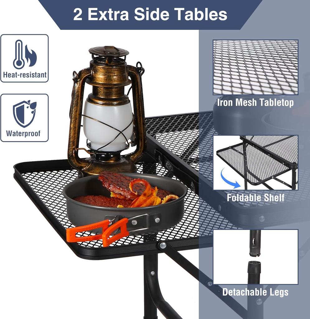 Sammenleggbart utendørs grillbord med 2 sidebord, lett og bærbart utendørs grillbord i aluminium i metall med