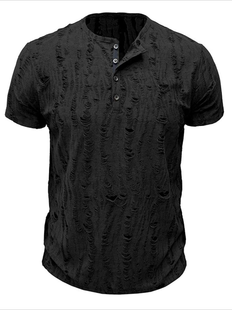 Men's Short-sleeved T-shirt Broken Holes Retro Men's Fashion Henley Shirt Men's Casual Fashion Tops Slim Fit