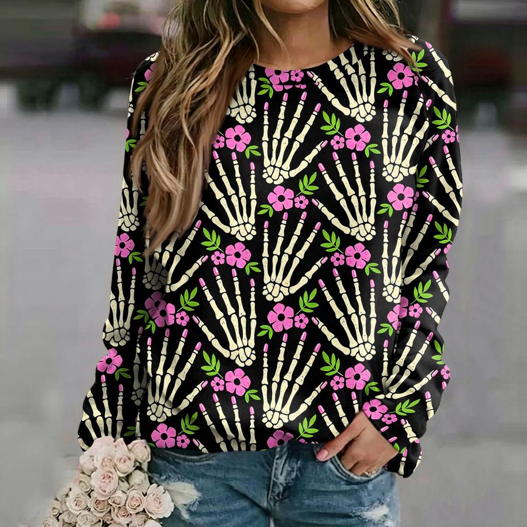 Women's Casual Halloween Print Raglan Long Sleeve Neck Sweatshirt Top