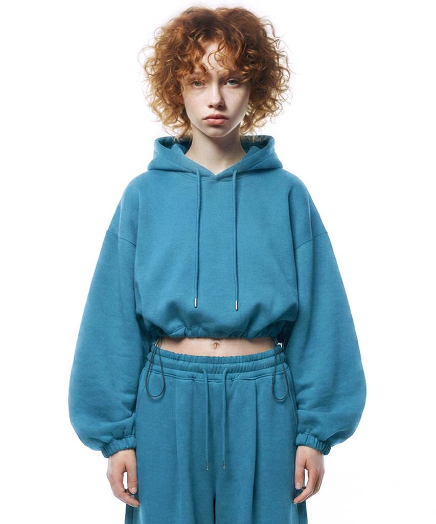 String Oversized Crop Hoodie - Peacock Green