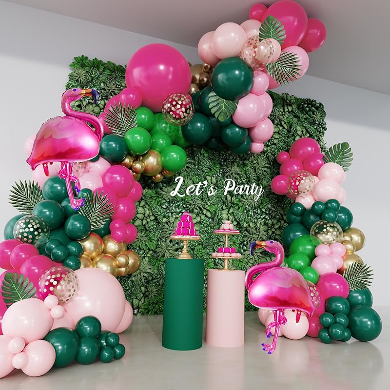 156Pcs Tropical Flamingo Balloon Arch Garland Kit, Hot Pink Dark Green Light Pink Gold Confetti Flamingo Foil Balloons with Palm Leaves for Hawaiian Tropical