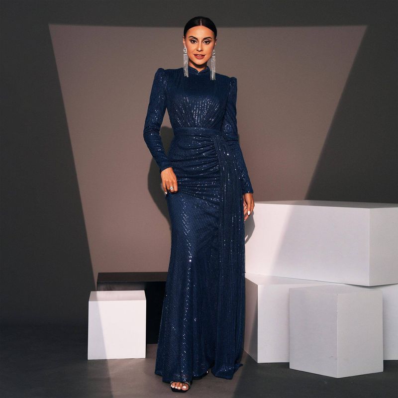 Cross-Border European and American Evening Dress with Long Sleeves, Elegant Round Neck, Sexy Slim Fit, Long Sequined Party Bridesmaid Dress for Women