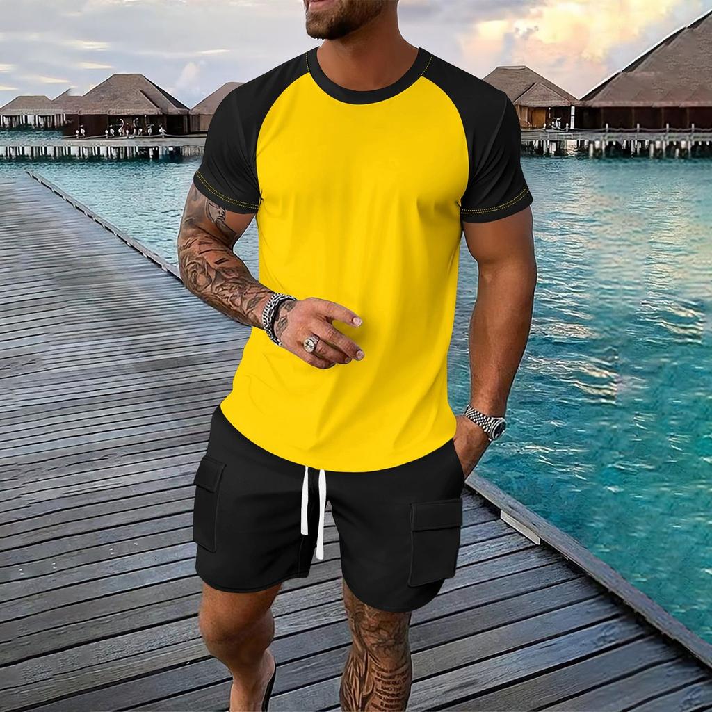 Men's Summer Solid Color Loose Plug-In Short-Sleeved Round Neck Top Workwear Shorts Suit