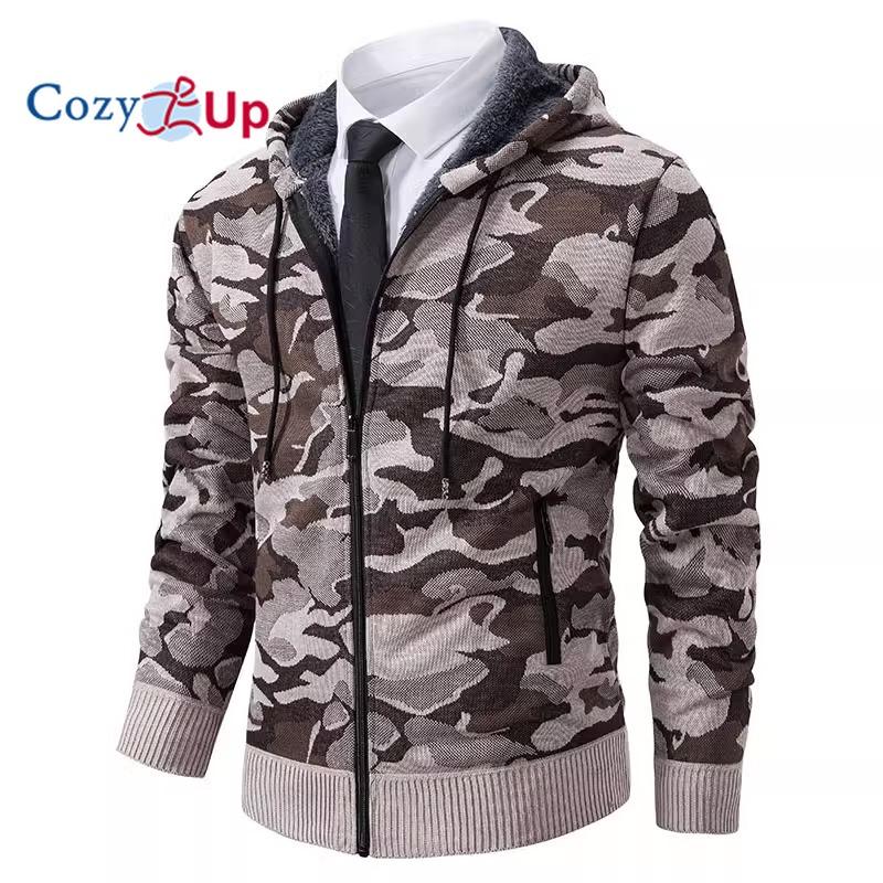 Cozy Up Men's Cardigan Jacket Hooded Sherpa Cashmere Casual Camouflage Thickened Warm
