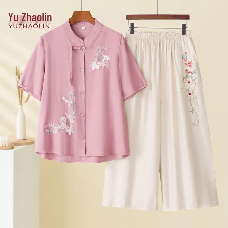 YUZHAOLIN Mid-Aged Women s Summer Chinese Style Shirt Set 2XL