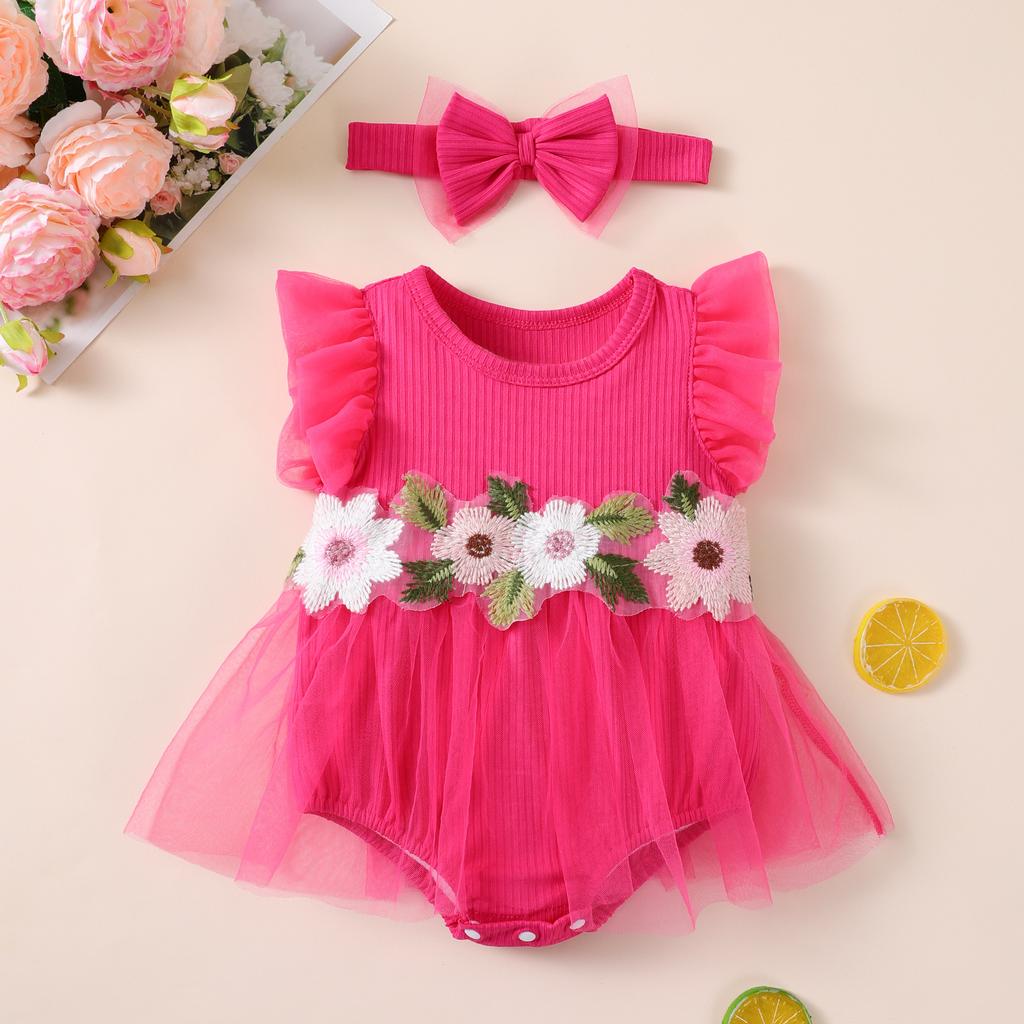 Neues Baby-Mädchen-Netzkleid Stilvoller und niedlicher Jumpsuit mit kleinen Blumen-Flatterärmeln und Haarschmuck-Set