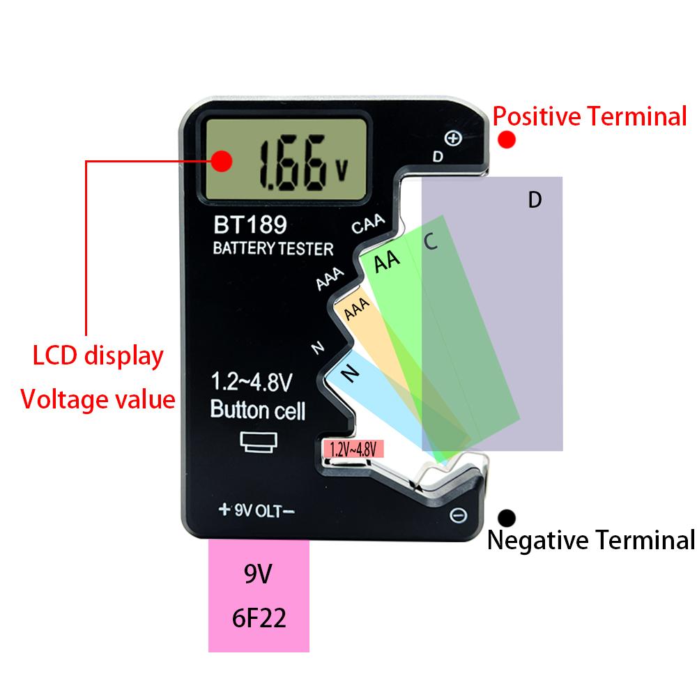 BT189 Digital Battery Tester LCD Display AA/AAA/9V/1.5V Button Cell Battery Capacity Check Detector Capacitance Diagnostic Tool
