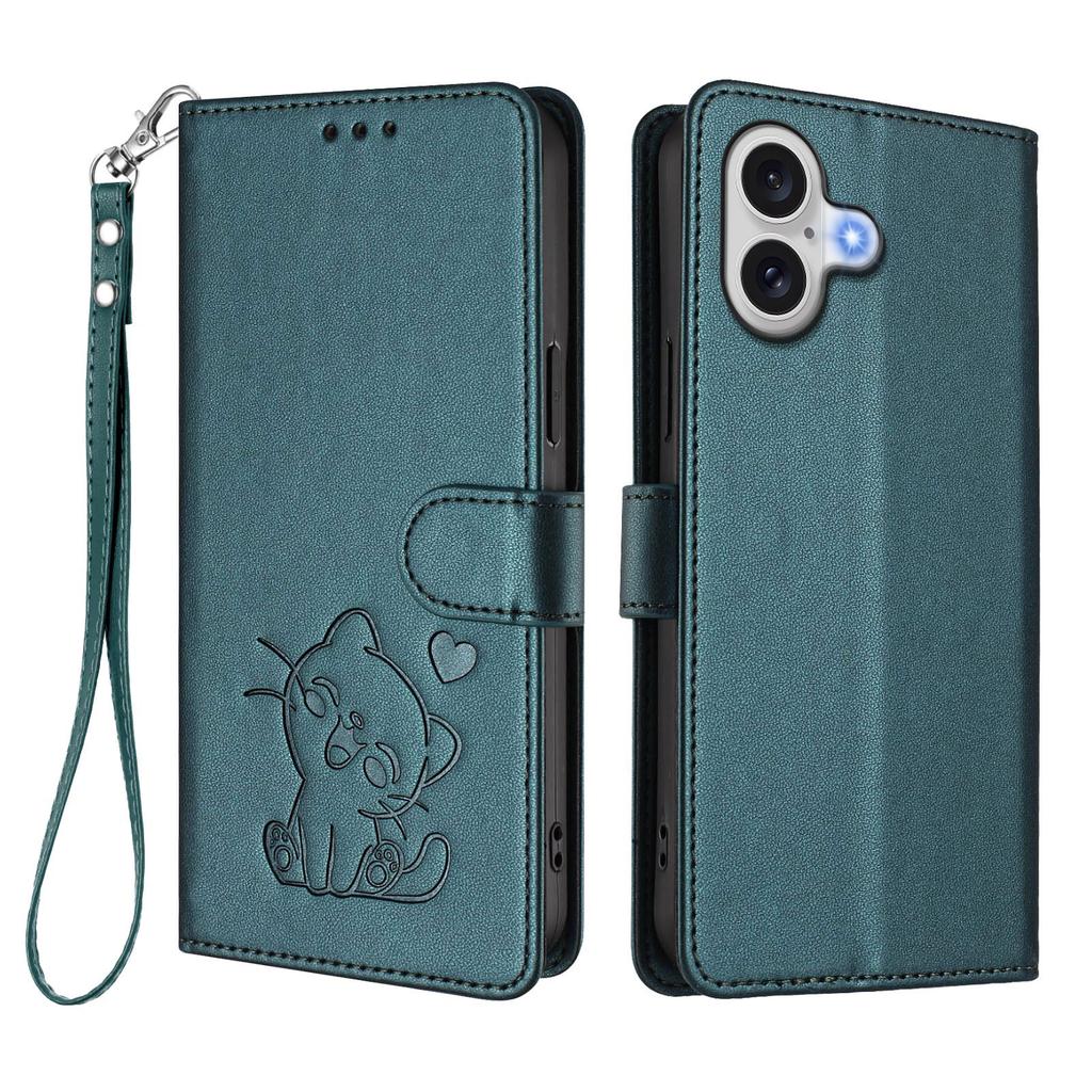 For iPhone 17 Wallet Case with Wrist Strap Love Cat Pattern Imprint Leather Phone Cover