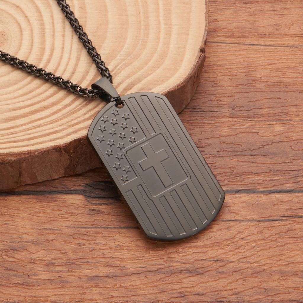 American Flag Stars and Stripes Trendy Fashion Lettering Cross Dog Tag Pendant Necklace