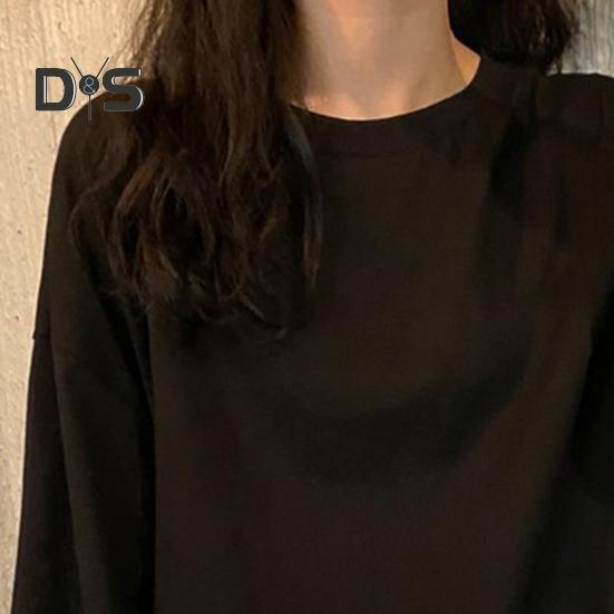 Women T-shirt Round Neck Lantern Long Sleeve Elastic Cuffs Tee Shirt Solid Color Loose Fit Pullover Tops Daily Wear