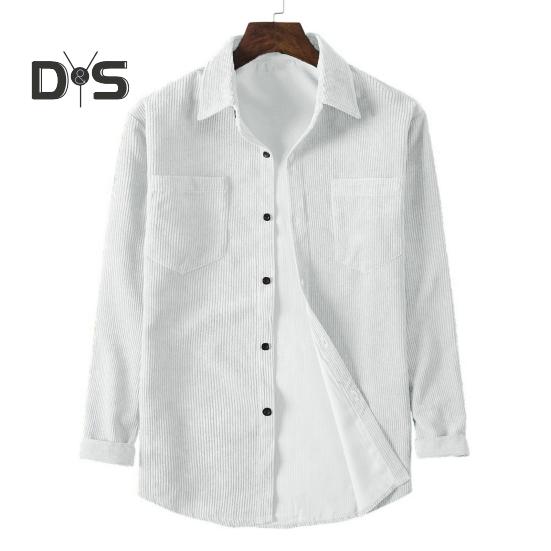 

Мужская вельветовая рубашка с отложным воротником, однобортный однотонный свободный кардиган в стиле ретро средней длины с нагрудными карманами, топ для повседневной носки в дорогу L белый