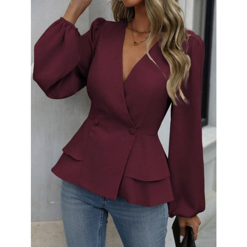 DAFIFY Moda damska Casual Wiosna Jesień Jednolity kolor Drukuj Bluzki i koszule z długim rękawem i dekoltem w kształcie litery V