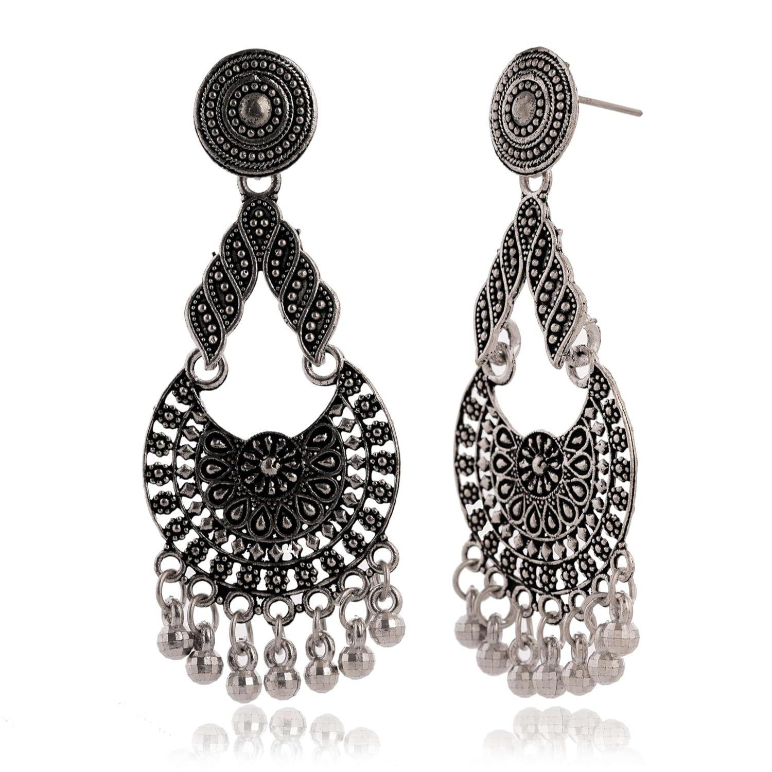 

Handmade Traditional Jhumki with Moon and Flower Motif Chandbali Design Ethnic Jhumki Earrings for Women and Girls