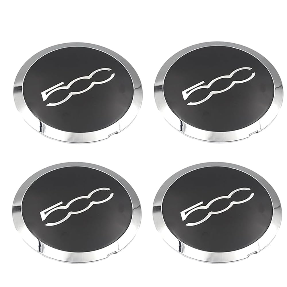 KOKATO Wheel Center Caps/Hub Covers for Fiat 500 (2008-2023) - Exterior Accessories, Specific to Vehicle (Silver x Black x Silver), Set of 4