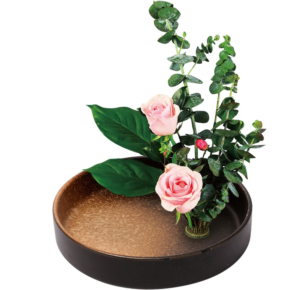 

YUYAKESHI Flower Vase, Ceramic Water Basin for Ikebana, Flower Arrangement, Tabletop Plate, Ohara Style, with Kenzan (Black Yellow, 20cm)